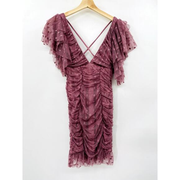 ASOS 4 purple textured mesh ruched ruffle cross back mini dress - Picture 3 of 8